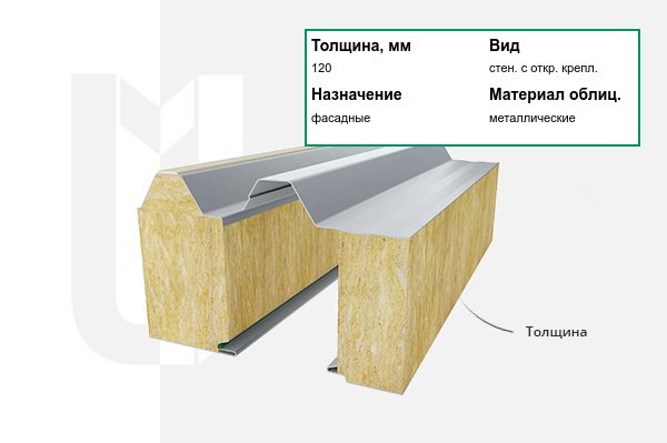 Металлическая сэндвич-панель стеновая с открытым креплением ТСП-Z 120х1200х14000 мм ГОСТ 32603-2012 с трапециевидной внутренней и с накаткой наружной облицовкой